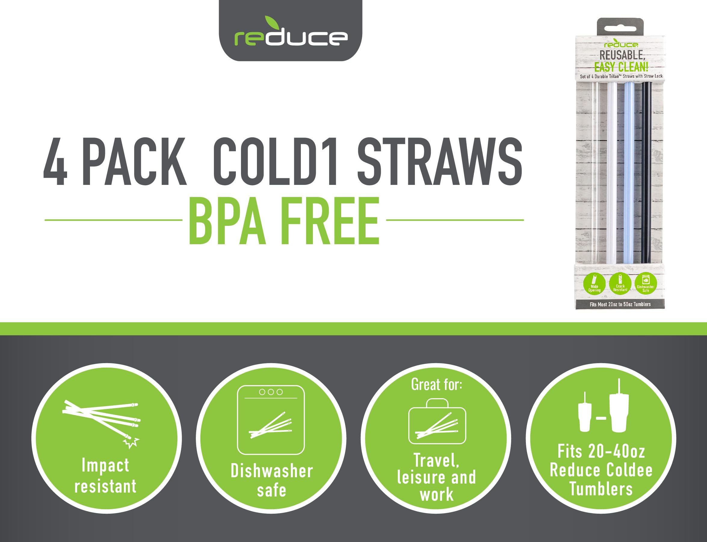 Reduce Reusable Hard Plastic Straws, 4 Pack - Fits 20-50 Oz Tumbler Mugs - Bpa-Free, Dishwasher Safe, Impact Resistant - Ideal D
